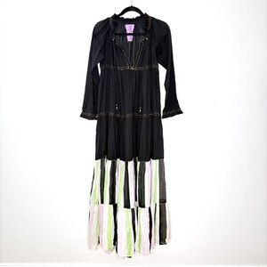 Yvonne S Hippy Tiered Handmade Maxi Dress Long Sleeve Pullover Boho Black Size S